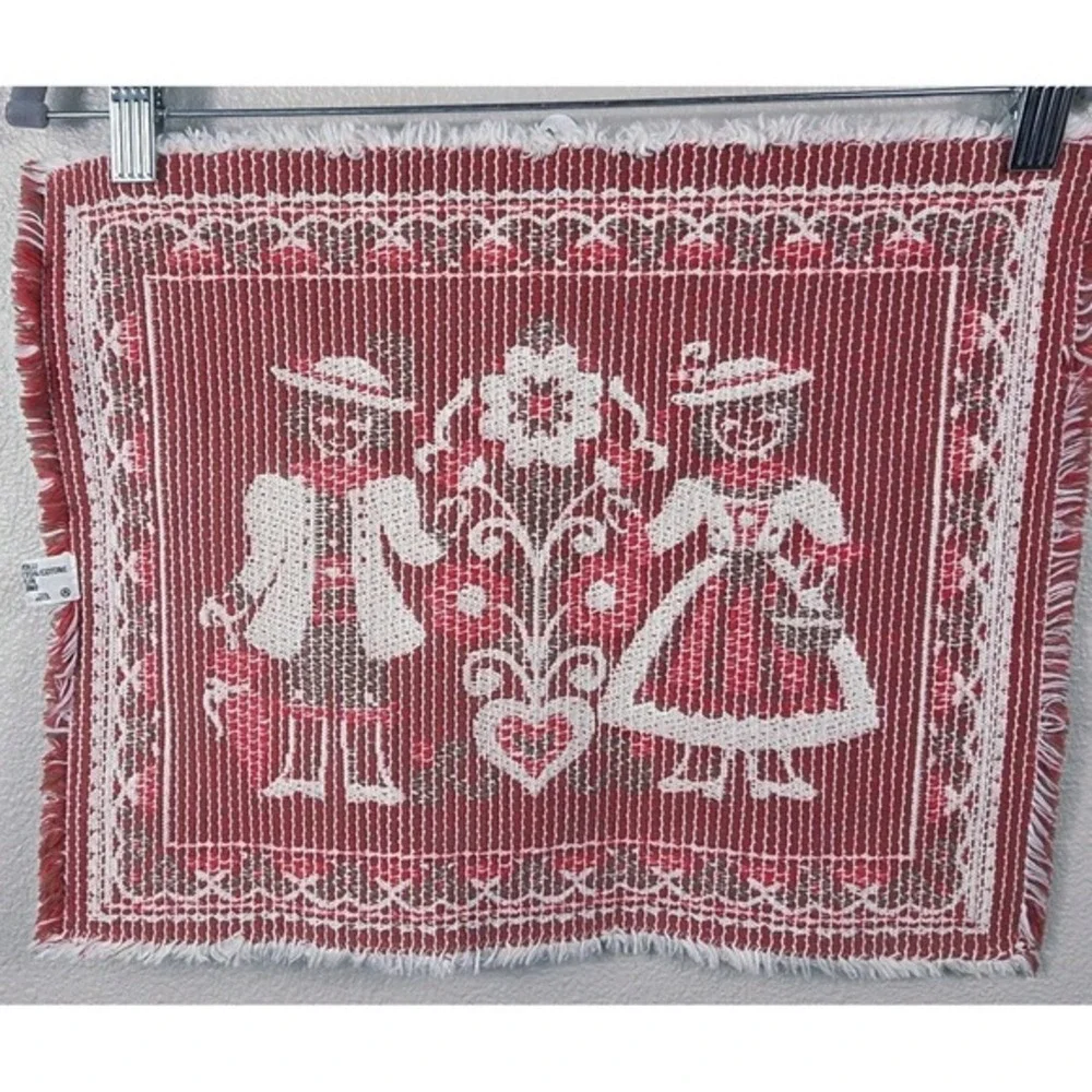 vintage austrian folk tapestry‎ wall hanging red cream cotton linen 13x15